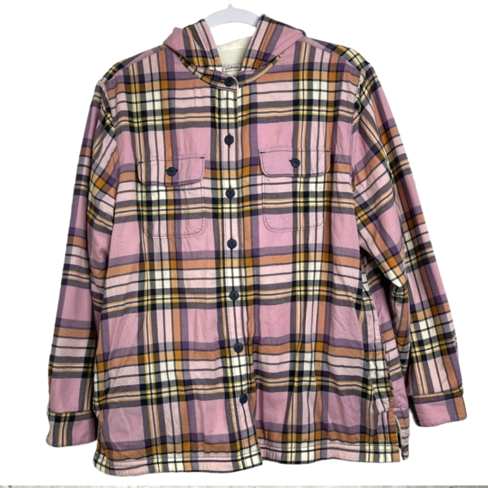 LL Bean Mauve pink flannel plaid fleece hooded jacket